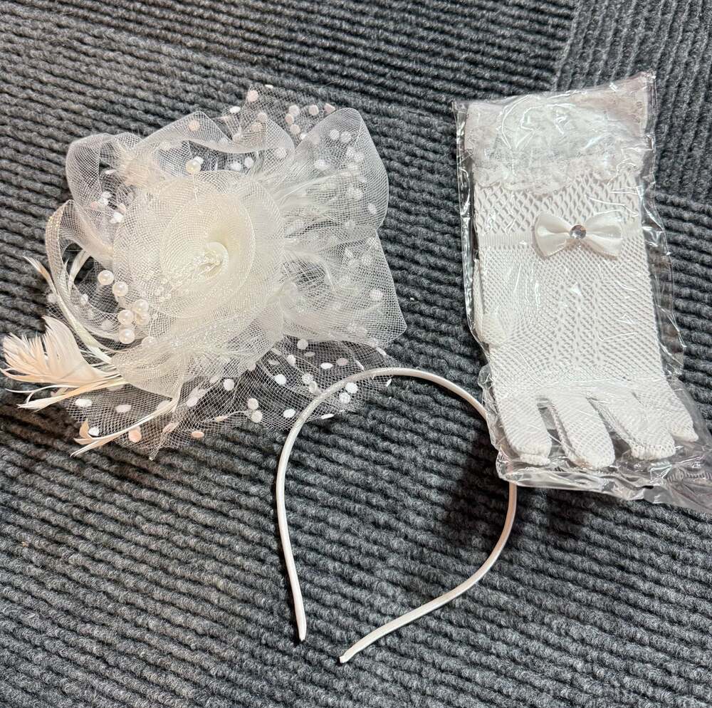 White Mesh Flower Fascinator Hair Clip and Matching Lace Dress Gloves Set